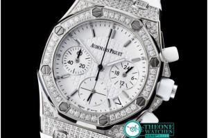 Audemars Piguet - Royal Oak Ladies Chrono SS/RU Wht Stk Diam Bez VK64